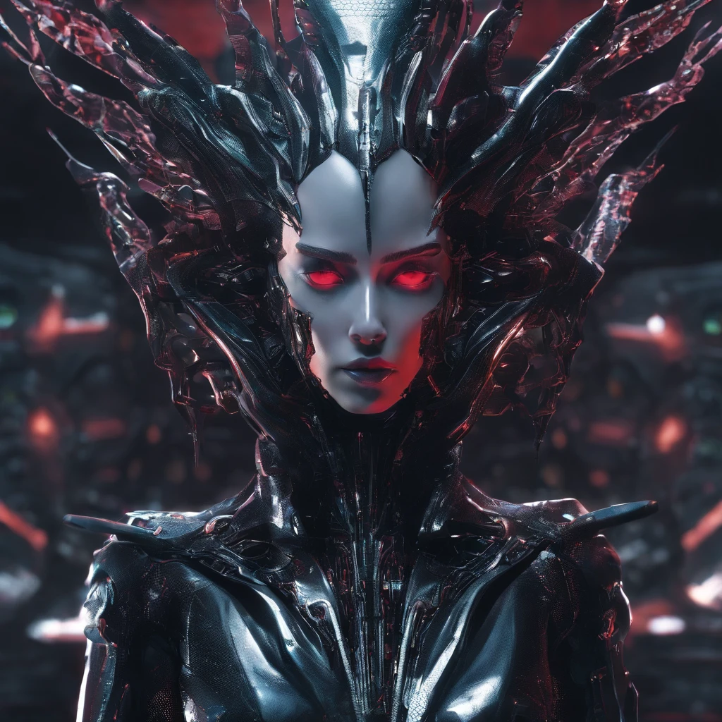 1girl,Xill, solo,front view, fullbody,lotus pose,((Best quality)), ((Masterpiece)), ((Realistic)),UHD,rich background, film shooting, depth of field, Super visual, The art of HR Giger and Beksinski blende in detail, Add a touch of supernatural horror to this already insanely terrifying masterpiece,hell lady,body glow,Glowing Line,Glow Example,Tracking example,flash, Backlight,translucent,light particles