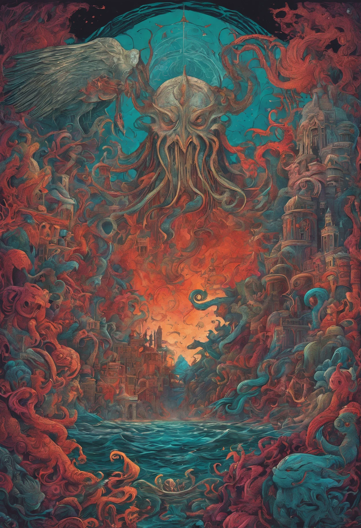 From the depths he emerges,
The Cthulhu's Parade in crimson hues.
Whispers of the otherworldly echo,
A festival where madness and beauty fuse.
In the night sky adorned with abyssal splendor,
Feathers stained with blood dance and soar.
Entwined by threads of fate,
The deranged revel in ecstasy's roar.
Oh mighty Cthulhu, ruler of the depths,
In our pursuit of desires so forlorn,
We embark on a path of madness and despair,
Guided by the disciples of the one we adorn.
On the grand boulevard, grotesque forms stride,
Where terror and beauty intertwine.
In the realm betwixt dreams and nightmares,
We surrender ourselves to euphoria's shrine.
Praise his name, the great Cthulhu,
Monarch of the abyss, the wellspring of our insanity.
In this eternal procession's stage,
We celebrate the coming of the world's calamity.