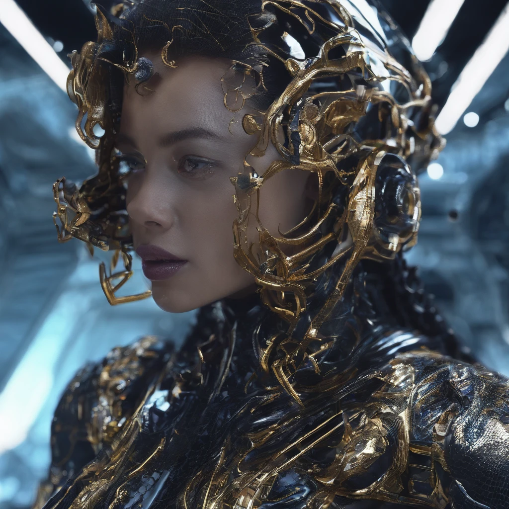 Black gold thread marble texture 32K（tmasterpiece，k hd，hyper HD，32K）Rolling flying linen constellation，Lizard Head White Gold Silk Armor Tulle Cyberpunk Space Station 1:90 miniatures，the sideview，semi transparent，Portrait close-up，Ice is permeable to gas，Film light and shadow，Full composition，Panorama ultra-wide angle，extremely happy，Pterostilbene has a delicate texture，Strong visual impact，Hyper-detailing，Dream Demon，Refined face，prettyeyes，Cherry small mouth，high saturated，Long flowing burgundy hair，crystal-clear，Good sense of perspective，Light and shadow effects，16K smooth，Surface reflected light