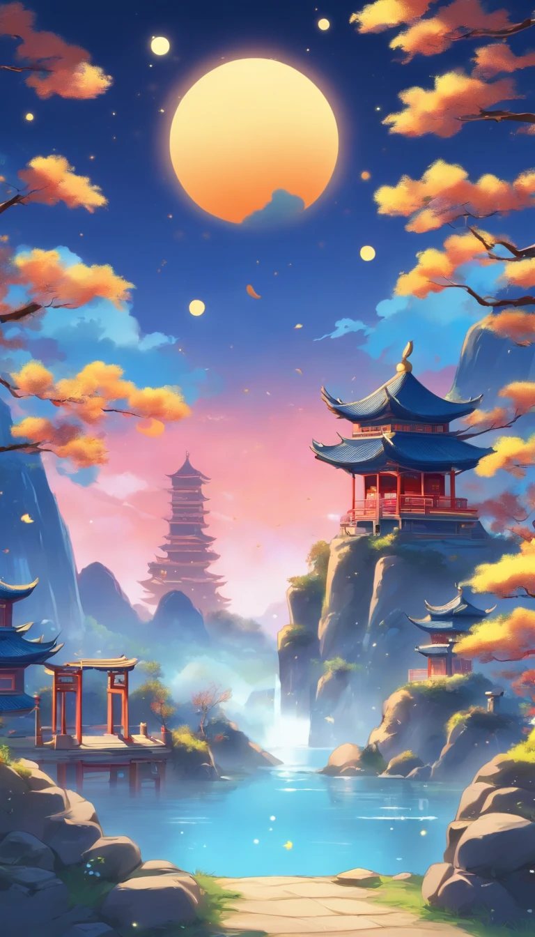 A close-up of a Chinese-style pavilion, with a stone table and stone stools in front of it, a huge yellow moon in a dark blue sky, a few stars in the sky, faint clouds, mountains in the distance, some low ancient Chinese houses in the midground, children’s illustration style, cute style, 2d, animation style