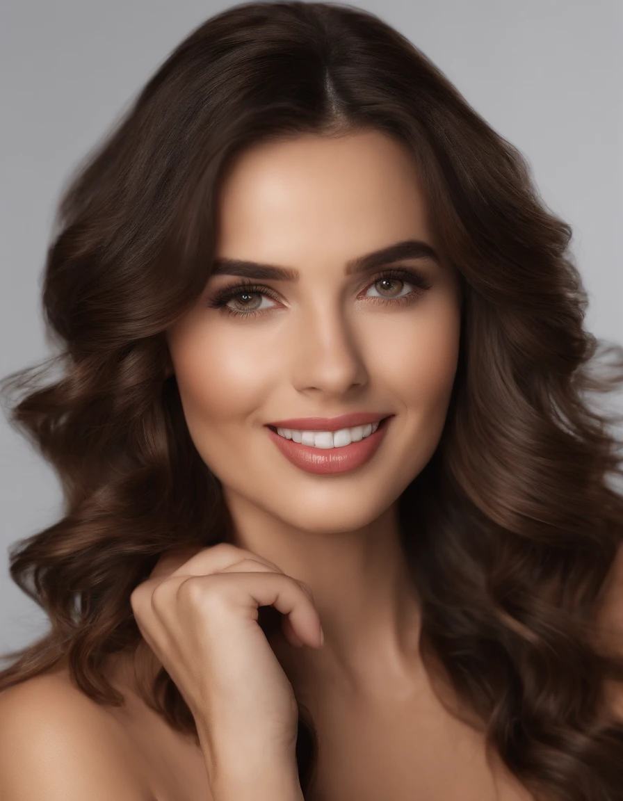 best quality,4k,8k,highres,masterpiece:1.2,ultra-detailed,realistic:1.37,portraits,professional,studio lighting,beautiful detailed eyes,beautiful detailed lips,long eyelashes,29 year old woman,smiling,brown eyes,rosy cheeks,shiny red lips,glowing skin,brunette hair,medium length hair,soft curls,stylish professional attire,confident pose,friendly expression,vivid colors,subtle warm tones,soft natural lighting