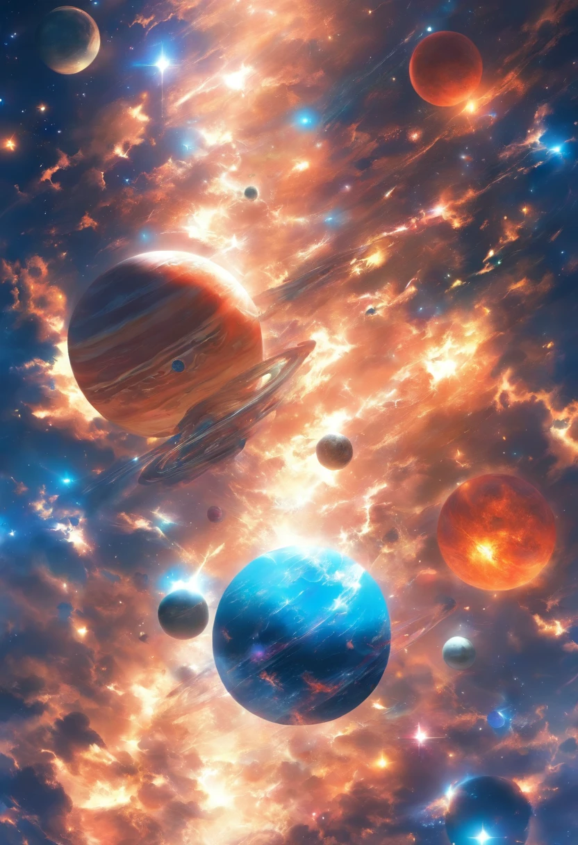 Ten planets,on the sky,Shines brightly。 Completely realistic,Full high resolution, Well made,detail-rich.中景 the scene is