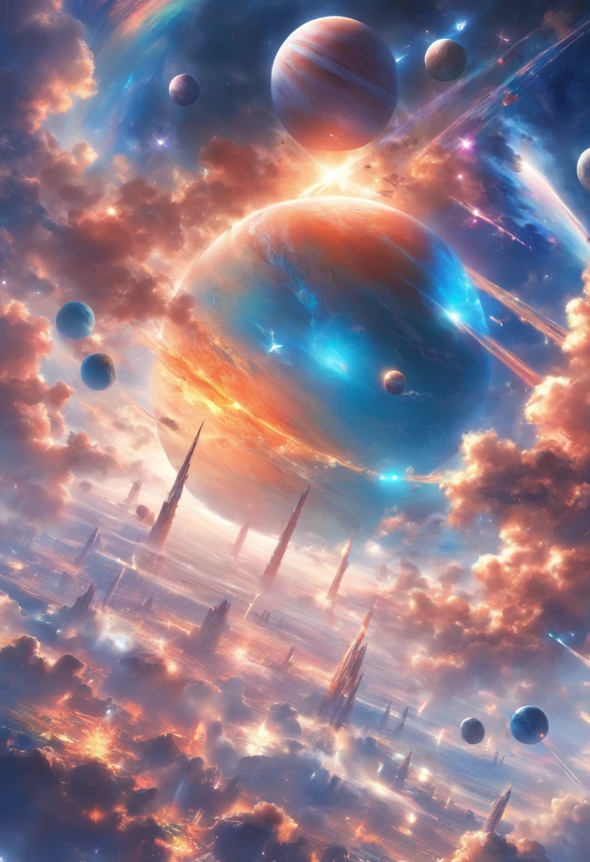 Ten planets,on the sky,Shines brightly。 Completely realistic,Full high resolution, Well made,detail-rich.中景 the scene is