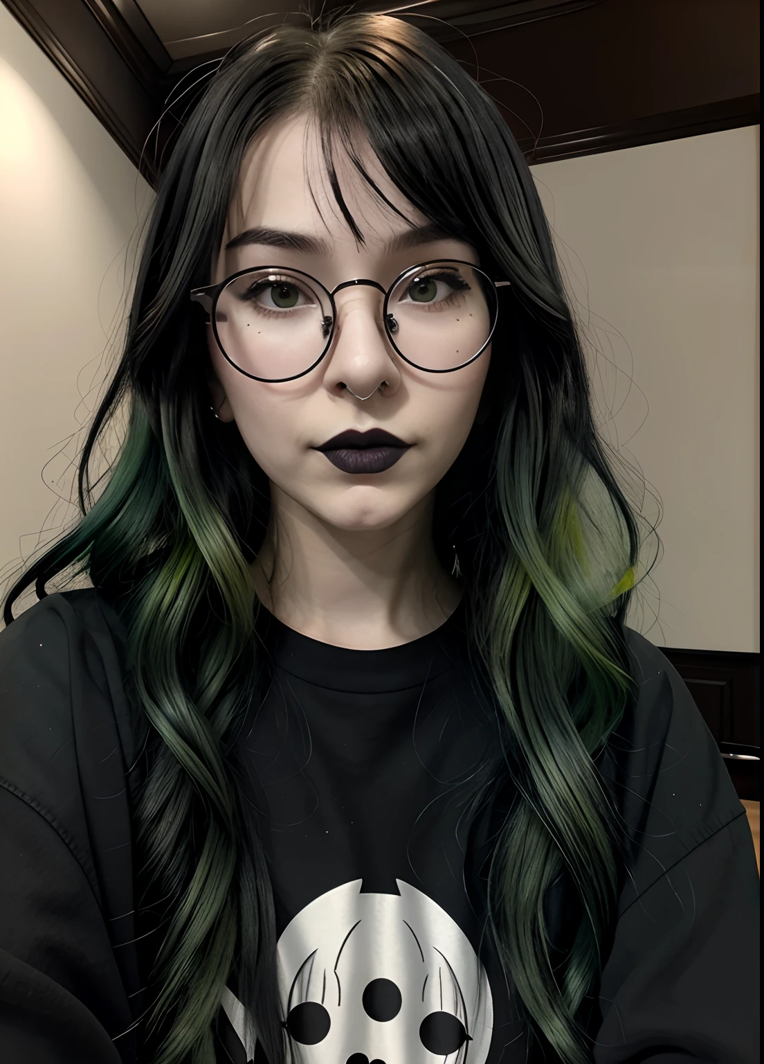 BigT1ttyG0thEgg, black and green split dye, round glasses, black lipstick