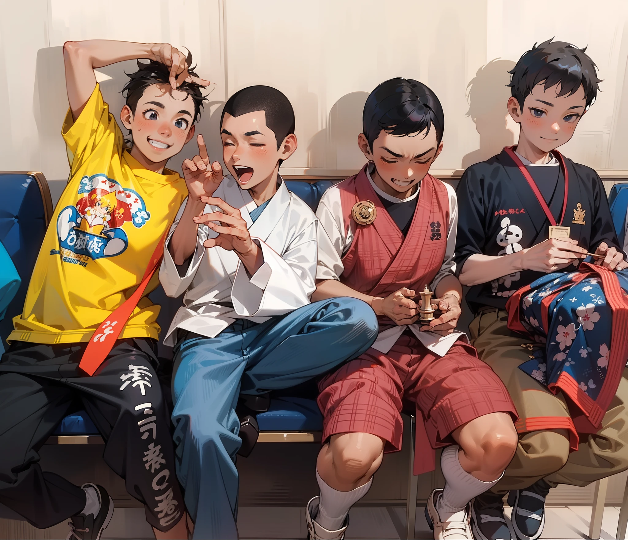 Four boys smiling japanese style, anime, background in a chess room full of people, 8k, masterpiece