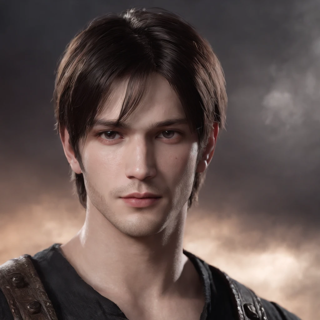 A 19 year old boy with a medium shoulder wavy black hair with bangs cover both ears, and part of both cheeks like leon kennedy, with medium unshaven beard, white reddish skin looks like milk, grey piercing eyes with strong striking gaze, mean expression yet still look pretty and innocent without single wrinkle, a little chubby cheek, pink lips, wearing long black and white elegant adventurer cloack, with rugged wanderer look, background dark night hill