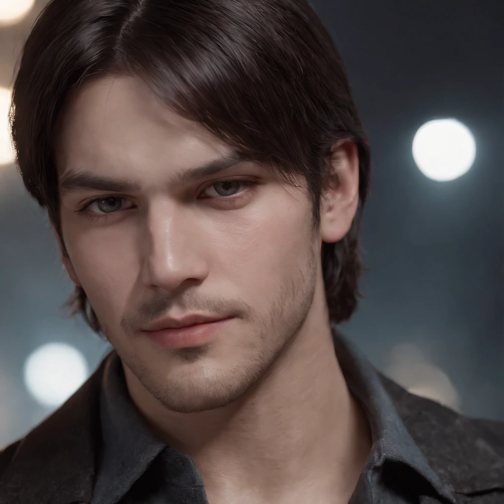 A 19 year old boy with a medium shoulder wavy black hair with bangs cover both ears, and part of both cheeks like leon kennedy, with medium unshaven beard, white reddish skin looks like milk, grey piercing eyes with strong striking gaze, mean expression yet still look pretty and innocent without single wrinkle, a little chubby cheek, pink lips, wearing long black and white elegant adventurer cloack, with rugged wanderer look, background dark night hill