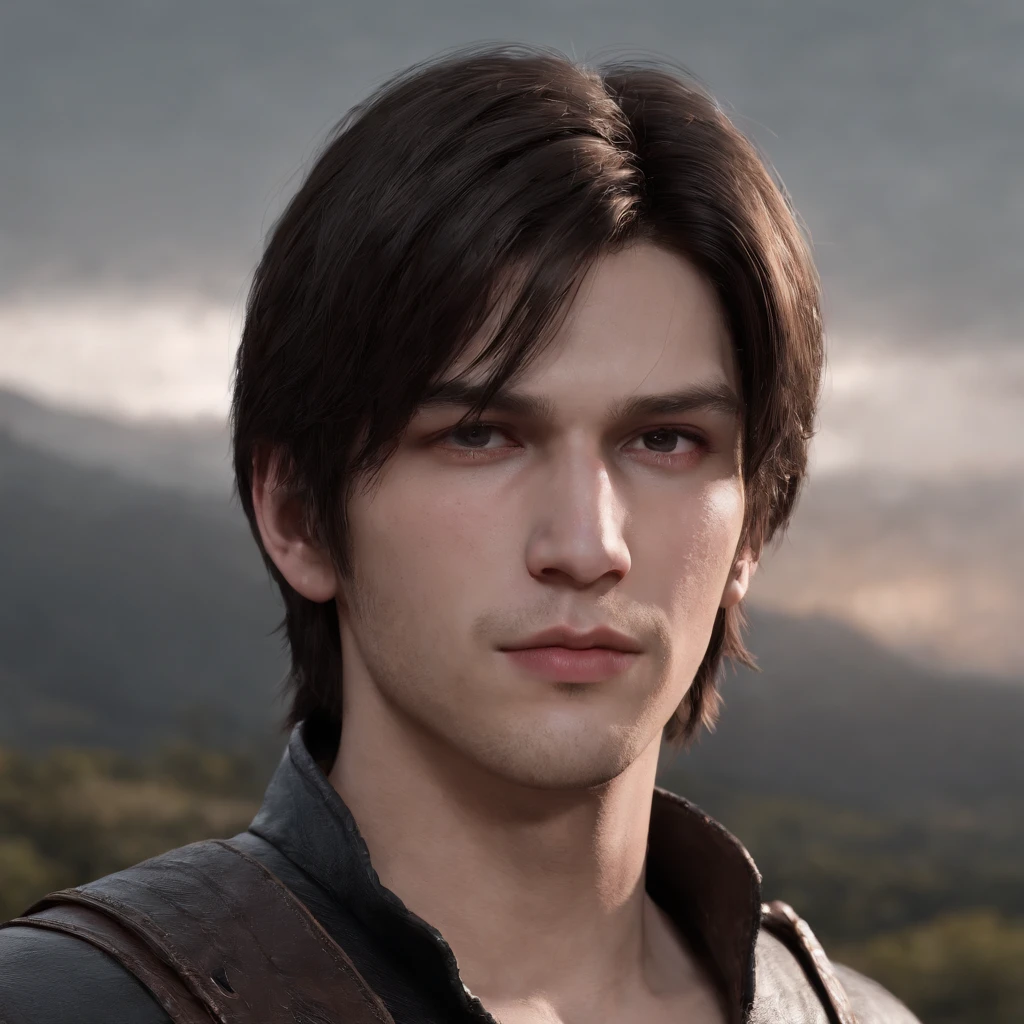A 19 year old boy with a medium shoulder wavy black hair with bangs cover both ears, and part of both cheeks like leon kennedy, with medium unshaven beard, white reddish skin looks like milk, grey piercing eyes with strong striking gaze, mean expression yet still look pretty and innocent without single wrinkle, a little chubby cheek, pink lips, wearing long black and white elegant adventurer cloack, with rugged wanderer look, background dark night hill