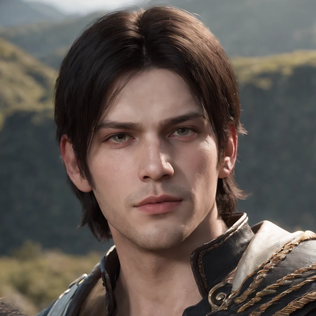 A 19 year old boy with a medium shoulder wavy black hair with bangs cover both ears, and part of both cheeks like leon kennedy, with medium unshaven beard, white reddish skin looks like milk, grey piercing eyes with strong striking  gaze, mean expression yet still look pretty and innocent without single wrinkle, a little chubby cheek, pink lips, wearing long black and white elegant adventurer cloack, with rugged wanderer look, background dark night hill