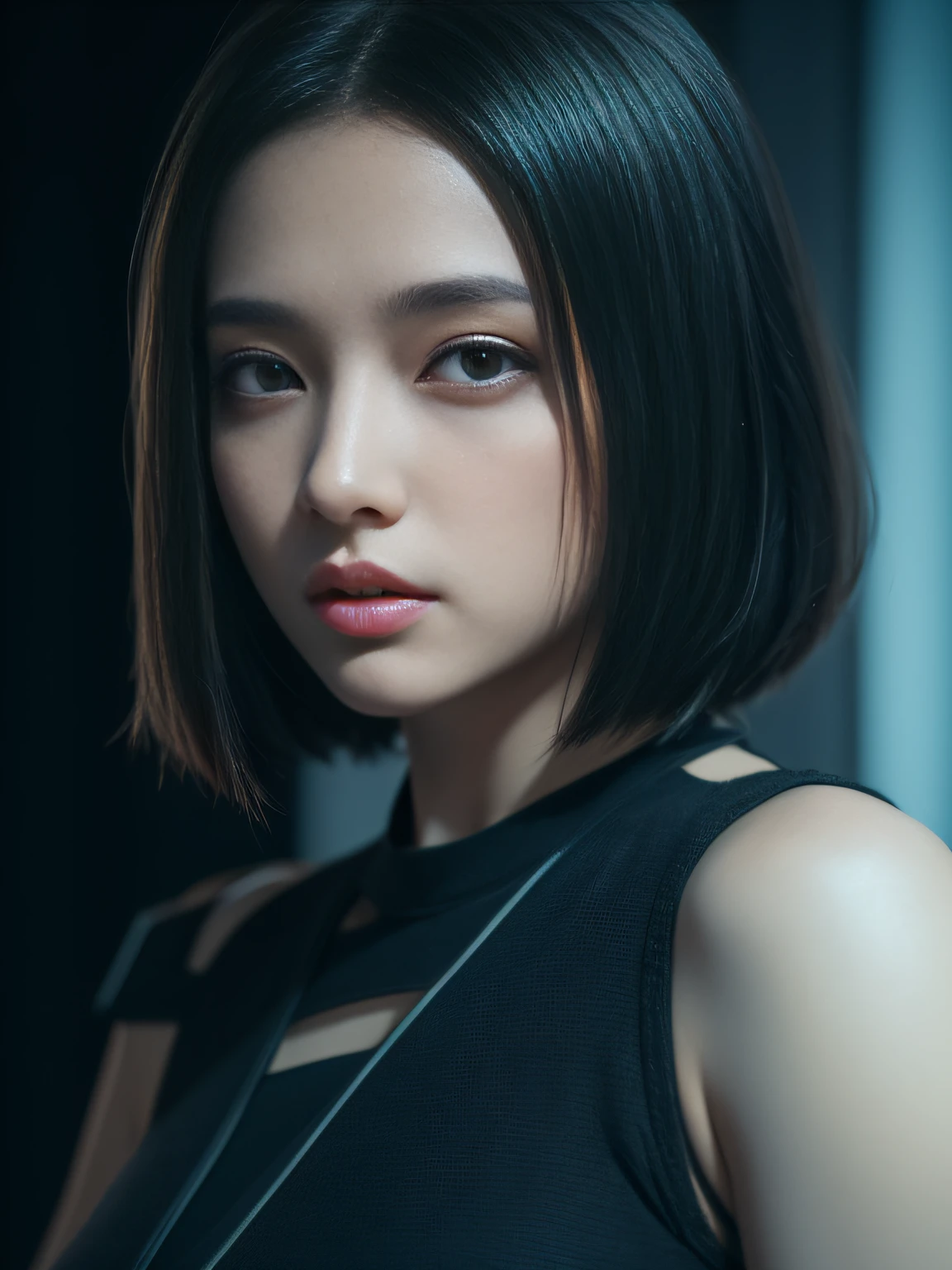3D, A beautiful cyberpunk female image,nffsw(HighDynamicRange),Ray traching,NVIDIA RTX,Hyper-Resolution,Unreal 5,Subsurface scattering、PBR Texture、post processed、Anisotropy Filtering、depth of fields、maximum definition and sharpness、multi-layer texture、Albedo e mapas Speculares、Surface Coloring、Accurate simulation octane rendering of light-material interactions、Two-colored light、Large aperture、Low ISO、White Balance、The Rule of Thirds、8K raw data、Longhaire,A dark-haired,cooking a,pinafore,Beautie