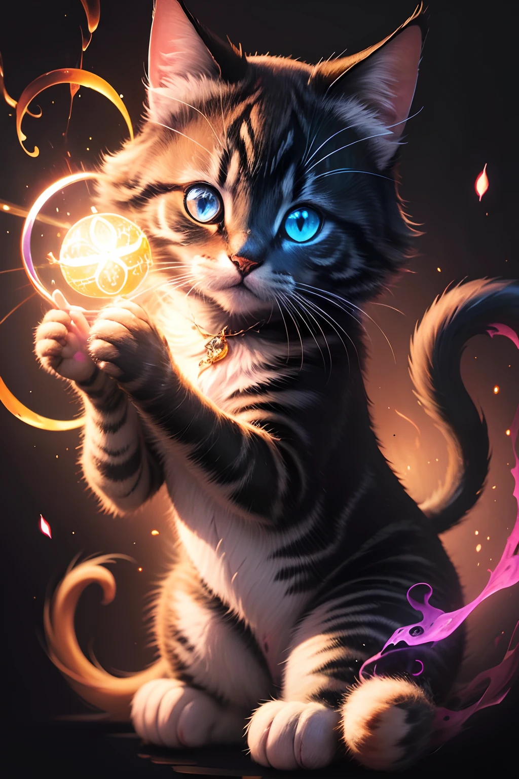 a painting of a colorful printer on a black background,, breathtaking rendering, within a radiant connection, inspired by Kinuko Y. Craft,, magical elements, kitten icon, wow, is beautiful, casting a multi colorful spell, bright flash, flash