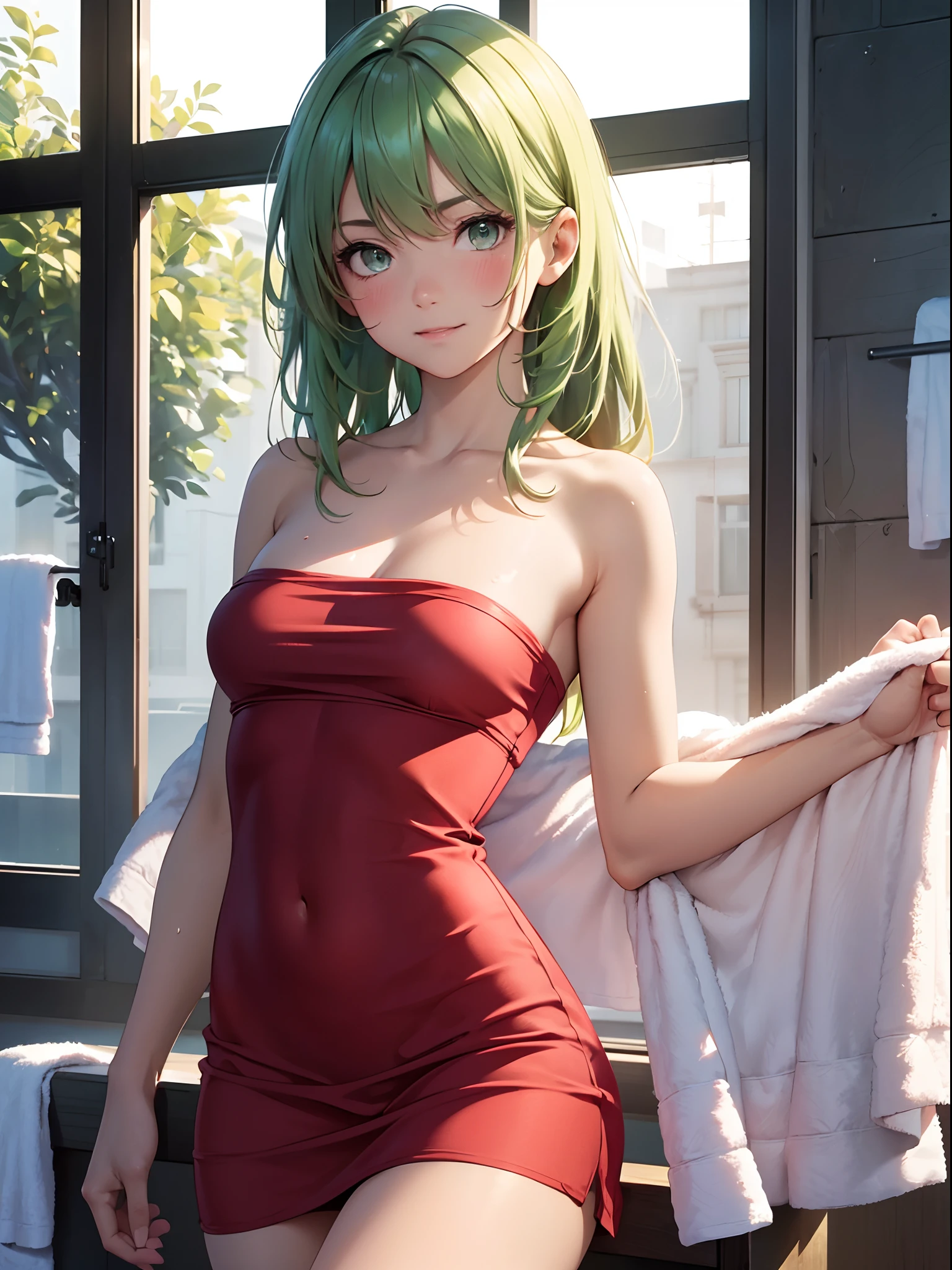 (masterpiece), (top-quality), (Red tube top extra small dress:1.5), (Exposed shoulders:1.5), (Towel fabric:1.5), (blushed face:1.3), (barechested:1.3), (Realistic:1.5), 1 girl in, Precise little hands, Embarrassed look, Smile, a very pretty girl, Baby face, Clear eyes, Shining eyes, shoulders can be seen, tiny chest, thigh visible, No pubic hair, Beautiful skins, ultra-definition, Top resolution, Green hair, At the school building、