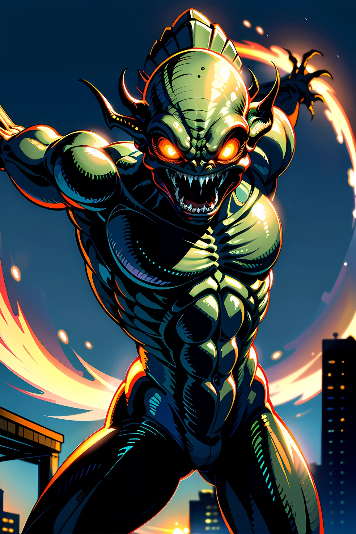 Alien, predator, Giger-ish alien, shiny orange body, fangs, edge fangs, huge-long face, dynamic angle, dynamic pose, dynamic light, burning midtown background, inspiration from Akira Toriyama and H. R. Giger,