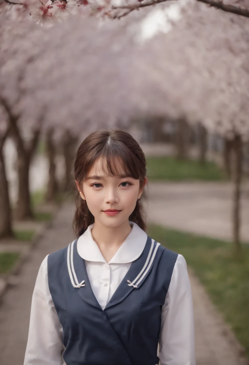 (realistic:1.2), best quality, ultra high res, 
4k, instagram,
higly detailed, 
1girl , high,
(sailor school uniform:1.2),long sleeve, 
short hair,  bangs,
smile,
at the school, 
cherry blossom, 
full body shot,