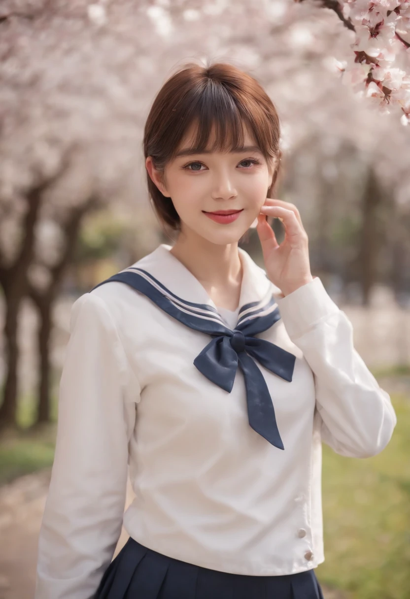 (realistic:1.2), best quality, ultra high res,
4k, instagram,
higly detailed,
1girl , high,
(sailor school uniform:1.2),long sleeve,
short hair, bangs,
smile,
at the school,
cherry blossom,
full body shot,