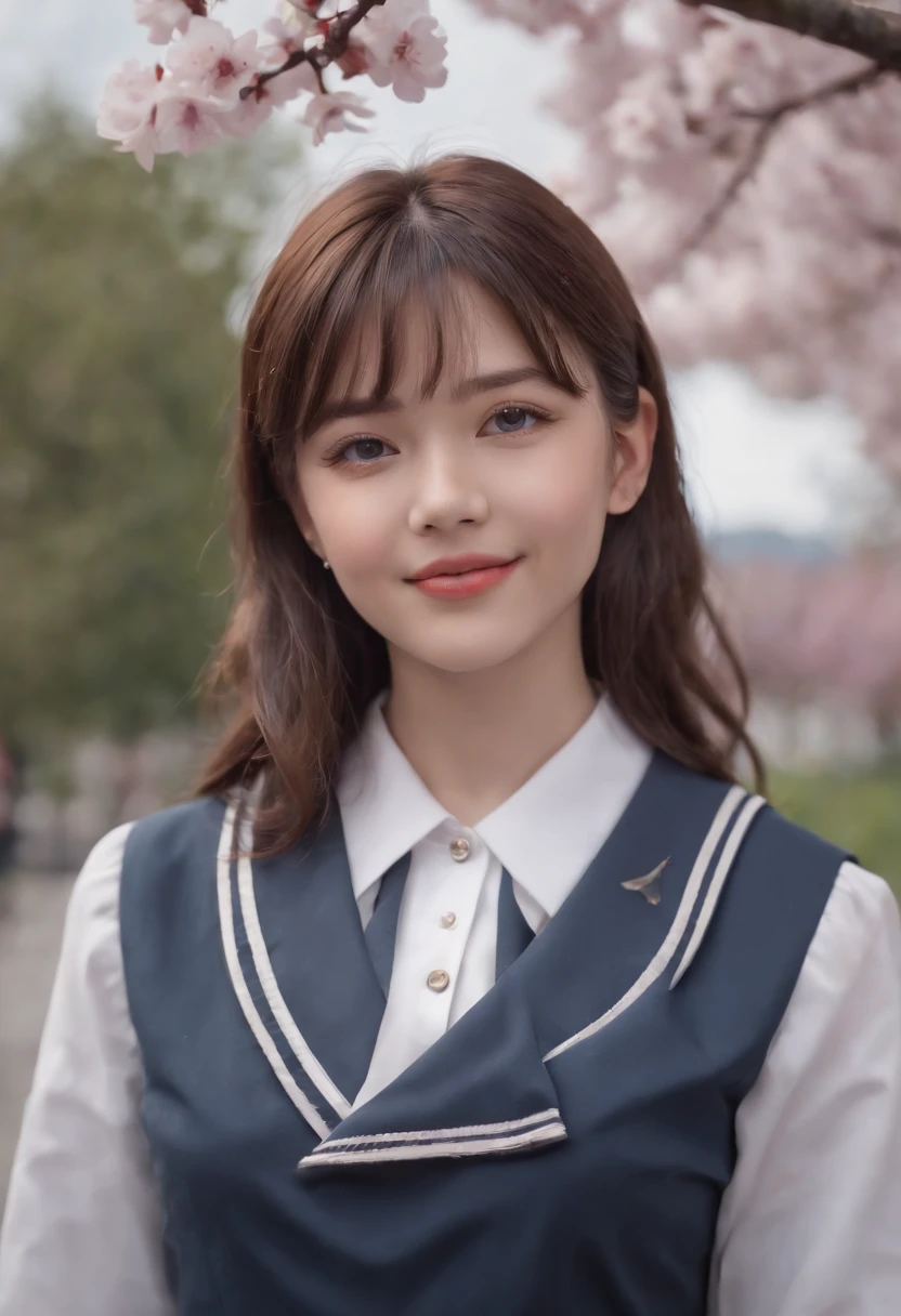 (realistic:1.2), best quality, ultra high res,
4k, instagram,
higly detailed,
1girl , highschool student,
(sailor school uniform:1.2),long sleeve,
short hair, bangs,
smile,
at the school,
cherry blossom,
full body shot,