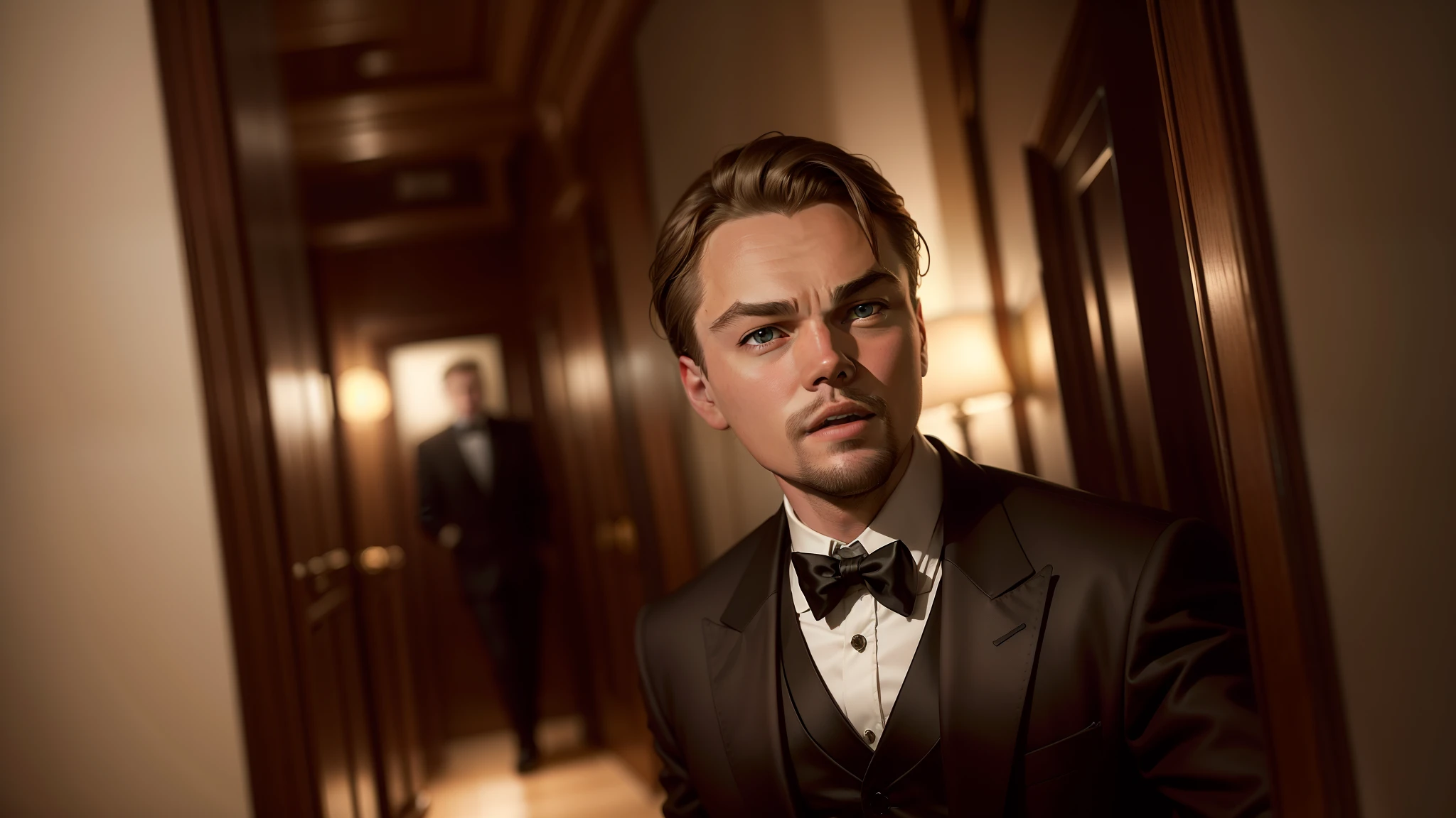 Taking selfie with leonardo DiCaprio, change background, 8k , best quality, handsome