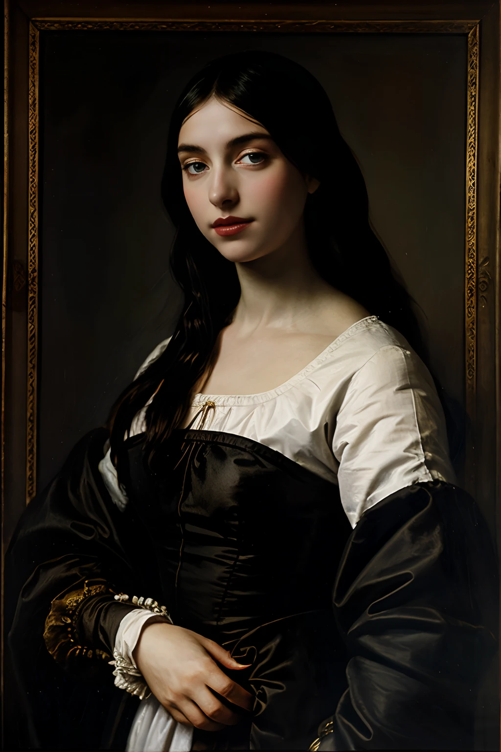 Painting of Gaia as the Virgin Mary, BLACK HAIR, BLUE EYES, art by Anthony van Dyck