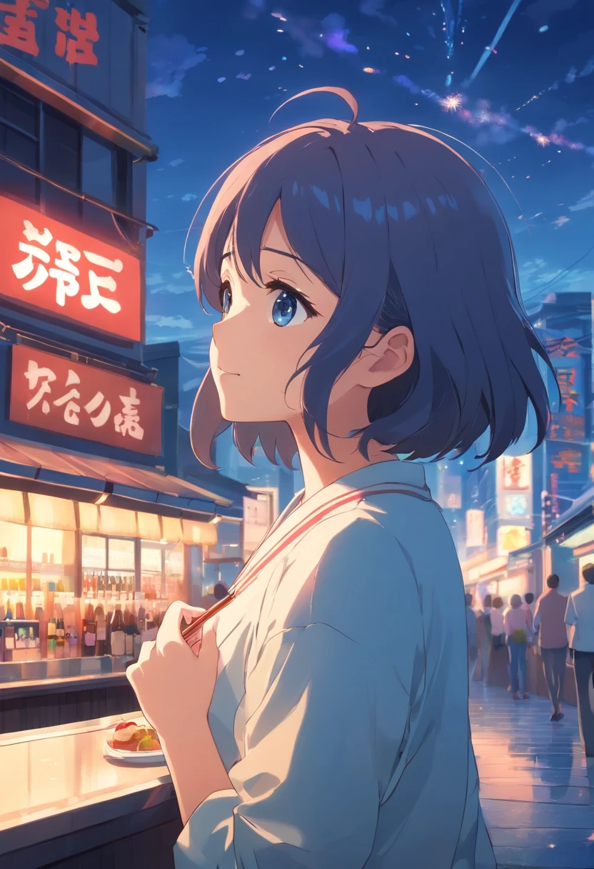 1girll,sideface,Sideways, Expose the whole body,Nice face,red pupils,Gray-black hair,Fireworks in bloom,Colorful fireworks,fire works,daysies,Floating in the sky,brightly,cheerfulness,Warm and soft lighting,early evening,Blue,light cloud,Bar cloud