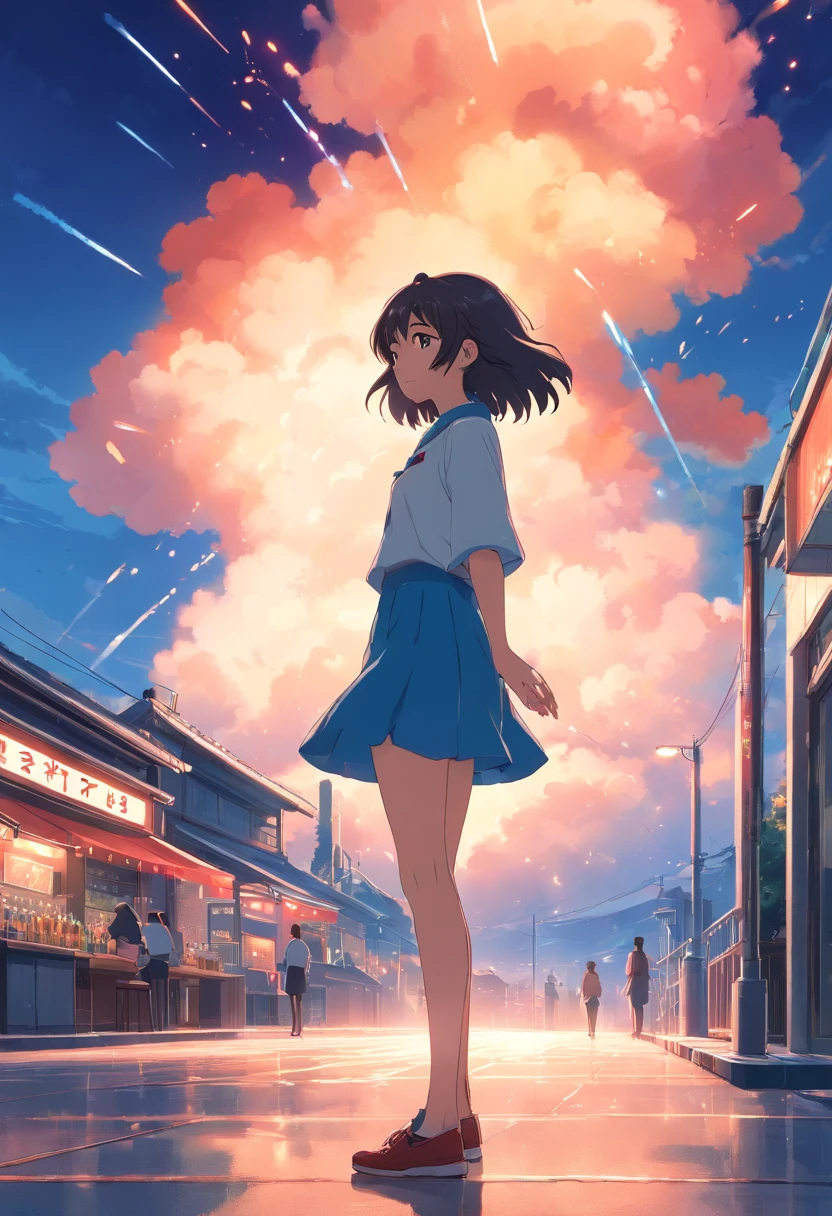 1girll,sideface,Sideways, Expose the whole body,Nice face,red pupils,Gray-black hair,Fireworks in bloom,Colorful fireworks,fire works,daysies,Floating in the sky,brightly,cheerfulness,Warm and soft lighting,early evening,Blue,light cloud,Bar cloud