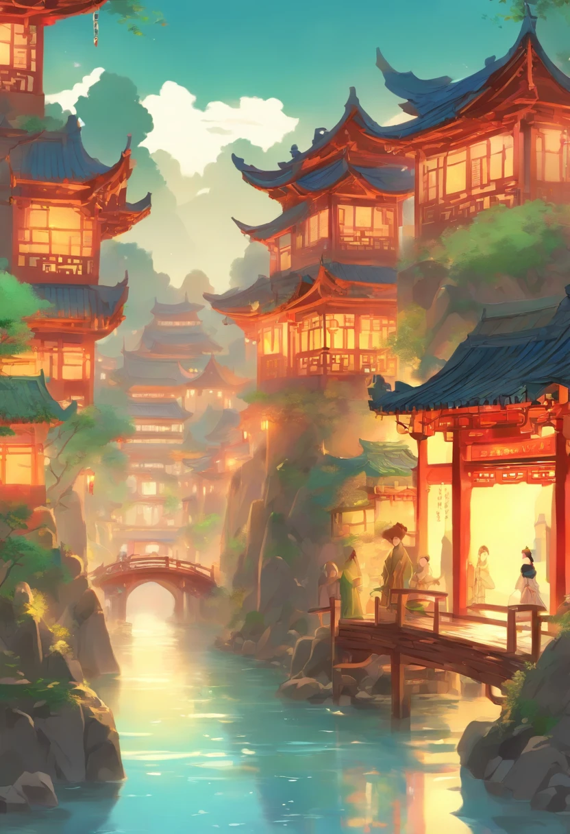 In the picture book, there is a painting of a Chinese water village, which has an ancient style, and there are many lovely little people in the painting. There were buildings on the road, arched Bridges, and people dressed in Tang Dynasty costumes. It is surrounded by trees, distant mountains and small waterfalls, creating a happy atmosphere. It has a cartoonish silhouette with a healing and creative feel, 16k