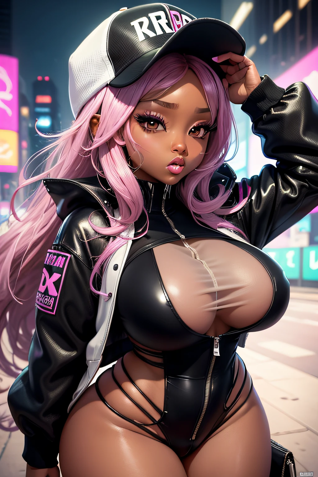 super deformed chibi bratz cartoon sexy black woman huge tits in a white seethru bodysuit and cyberpunk jacket and wearing black baggy pants with and baseball hat