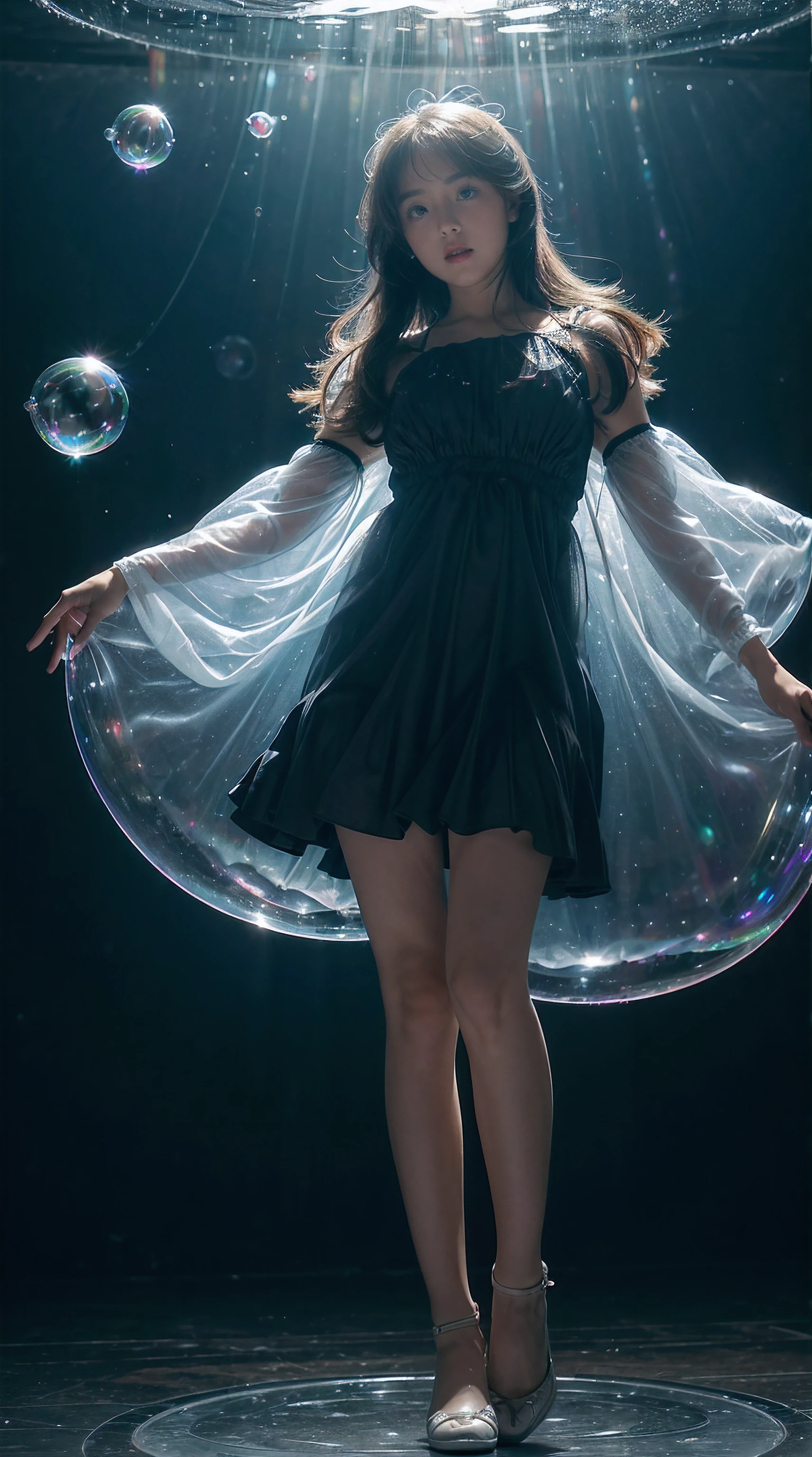 best quality,masterpiec,(((girl inside big soap bubble))),full body,on,((girl in bubble)),in the air,(((wariza in air bubble))),starry sky)),dress,(((wariza))),from afar,((girl inside bubble)),((full body inside bubble)),see-through clothes, medium hair, aqua hair,((from below))