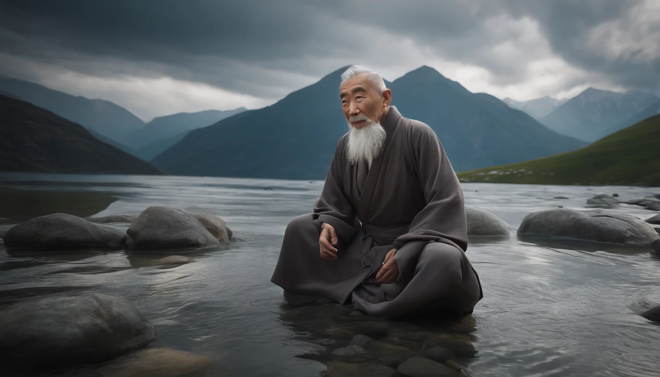 Imagine Zen Old Man, Gray robe, largeeyes, Smile and meditate, Face the camera, Full body photo, Frontal photo, The background is alpine flowing water, Chinese wind, the detail, Cinematic light, High quality --ar 3:4[Pictures], 。.。.。.3D, surrealism, Cinematic lighting, hyper HD, Super detail, Textured skin, hyper HD, ccurate, Textured skin, High details
