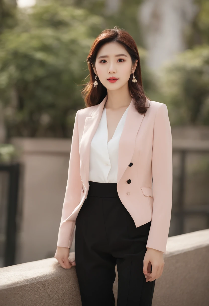 Gentle and beautiful woman, half-body photo, delicate sexy collarbone, charming oval face, Double eyelids, Smart Peach Blossom Eyes, Pink lips, small-nose, bare shoulders, Focused face, facial closeups, hyper HD, super detailing, Graceful standing, Black British College double-breasted casual rouge Korean blazer, Wear it with a black pleated skirt suit, Do this in the background studio color