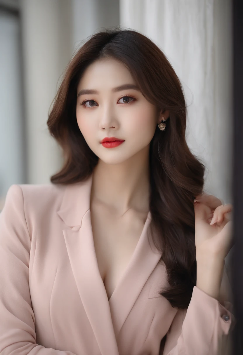 Gentle and beautiful woman, half-body photo, delicate sexy collarbone, charming oval face, Double eyelids, Smart Peach Blossom Eyes, Pink lips, small-nose, bare shoulders, Focused face, facial closeups, hyper HD, super detailing, Graceful standing, Black British College double-breasted casual rouge Korean blazer, Wear it with a black pleated skirt suit, Do this in the background studio color