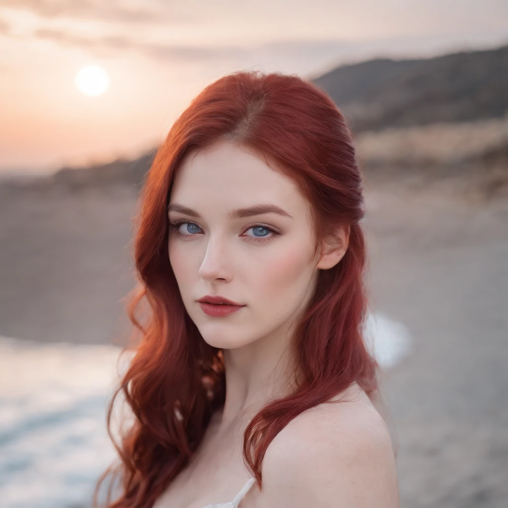 A 19 year old girl with a back long flowy wavy deep bloody red hair, white skin looks like milk or, dark night sky blue piercing eyes with strong striking gaze, mean expression yet still look pretty and innocent without single wrinkle, a little chubby cheek, pink lips, wearing long red elegant gown with royalty look, background middle age city beach