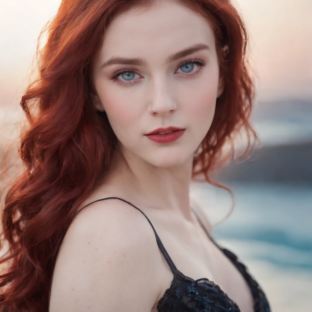 A 19 year old girl with a back long flowy wavy deep bloody red hair, white skin looks like milk or, dark night sky blue piercing eyes with strong striking gaze, mean expression yet still look pretty and innocent without single wrinkle, a little chubby cheek, pink lips, wearing long red elegant gown with royalty look, background middle age city beach