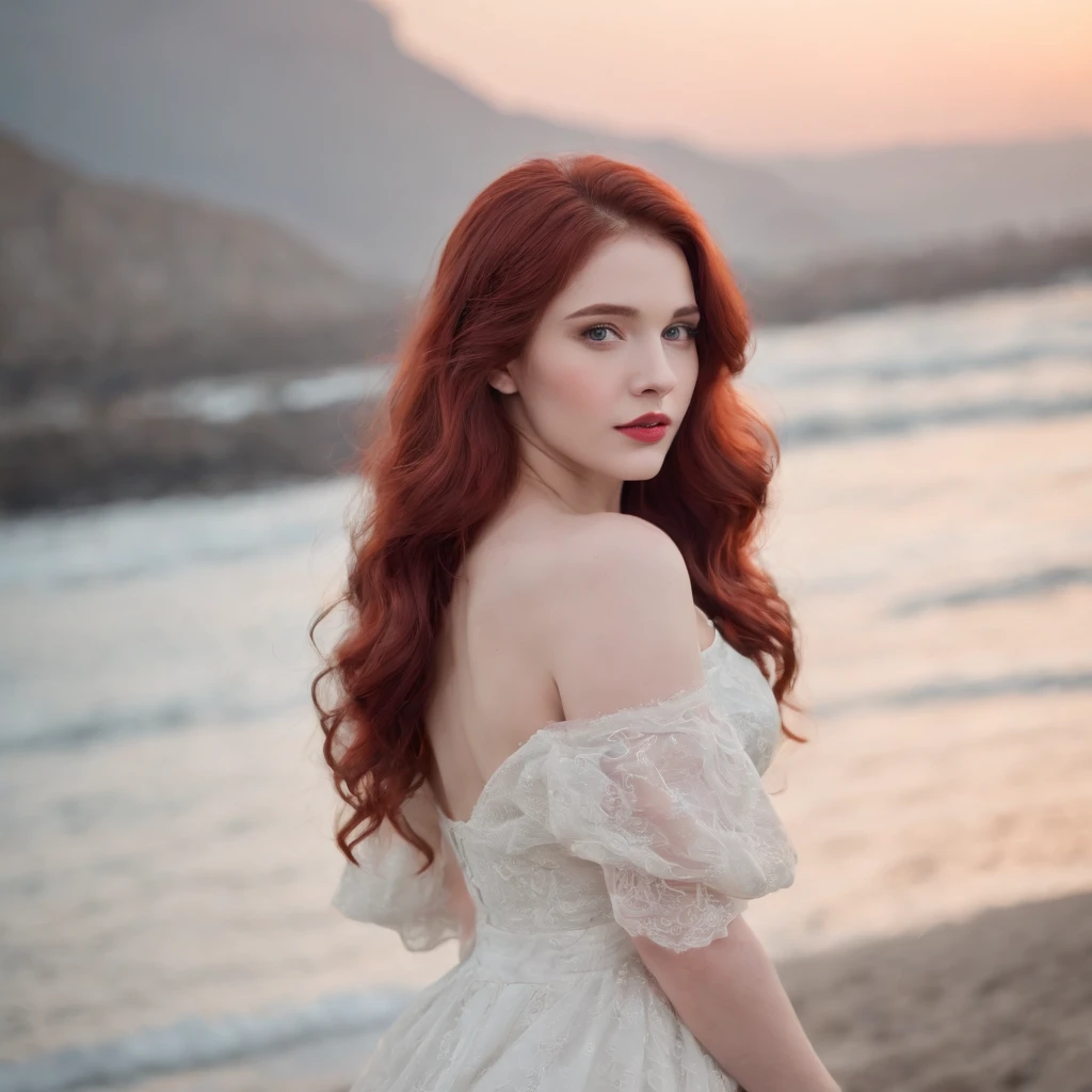 A 19 year old girl with a back long flowy wavy deep bloody red hair, white skin looks like milk or, dark night sky blue piercing eyes with strong striking  gaze, mean expression yet still look pretty and innocent without single wrinkle, a little chubby cheek, pink lips, wearing long red elegant gown with royalty look, background middle age city beach