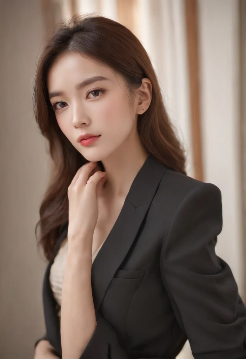 Gentle and beautiful woman, half-body photo, delicate sexy collarbone, charming oval face, Double eyelids, Smart Peach Blossom Eyes, Pink lips, small-nose, bare shoulders, Focused face, facial closeups, hyper HD, super detailing, Graceful standing, Black British College double-breasted casual rouge Korean blazer, Wear it with a black pleated skirt suit, Do this in the background studio color