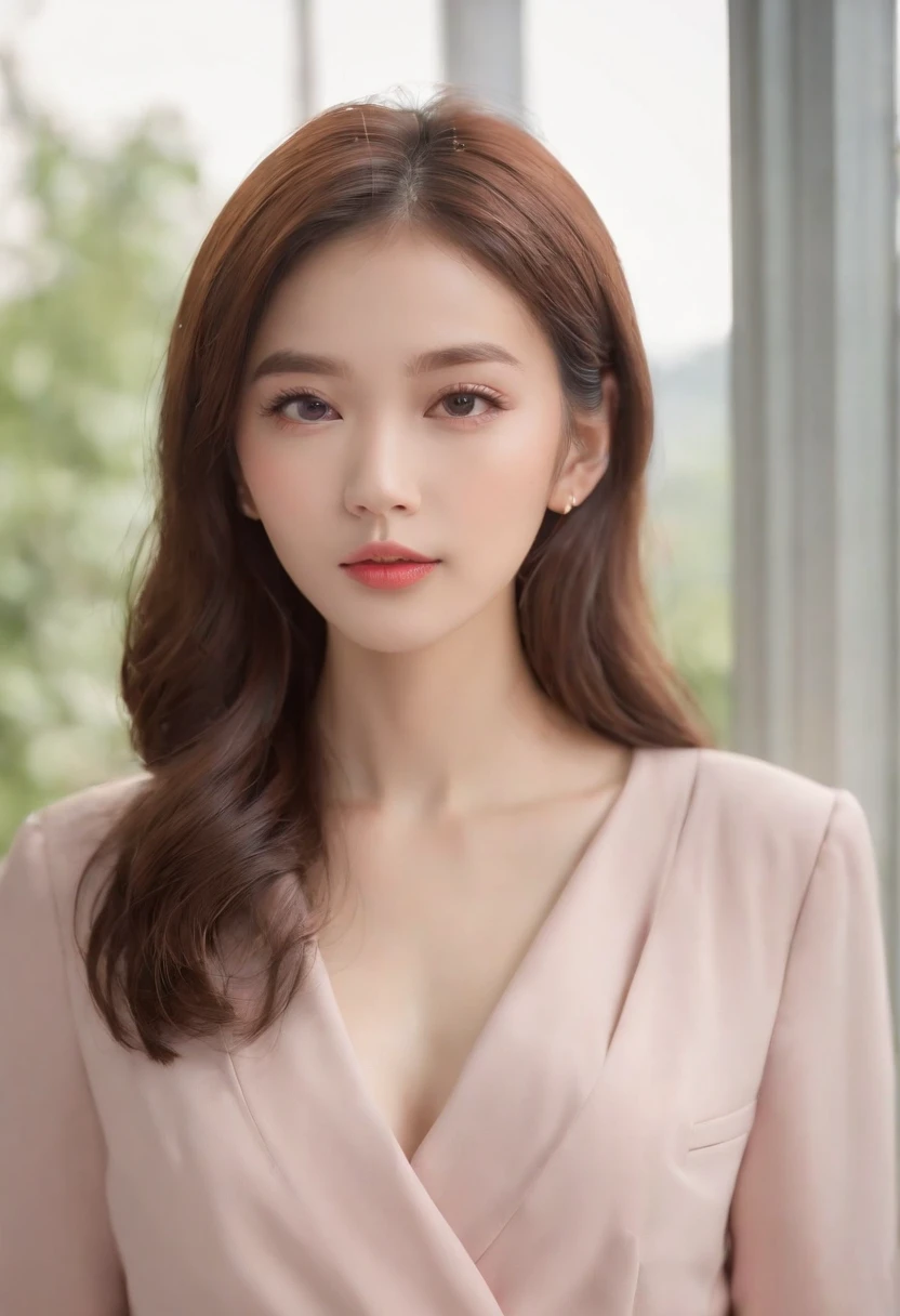 Gentle and beautiful woman, half-body photo, delicate sexy collarbone, charming oval face, Double eyelids, Smart Peach Blossom Eyes, Pink lips, small-nose, bare shoulders, Focused face, facial closeups, hyper HD, super detailing, Graceful standing, Black British College double-breasted casual rouge Korean blazer, Wear it with a black pleated skirt suit, Do this in the background studio color