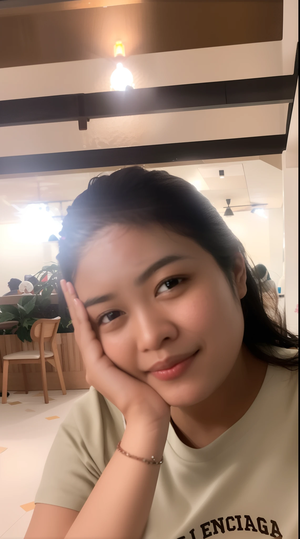 arafed woman sitting at a table with a plate of food, nivanh chanthara, cindy avelino, south east asian with round face, 3 0 years old woman, 30 years old woman, ayahausca, thawan duchanee, headshot profile picture, a young asian woman, slightly smiling, photo taken in 2 0 2 0