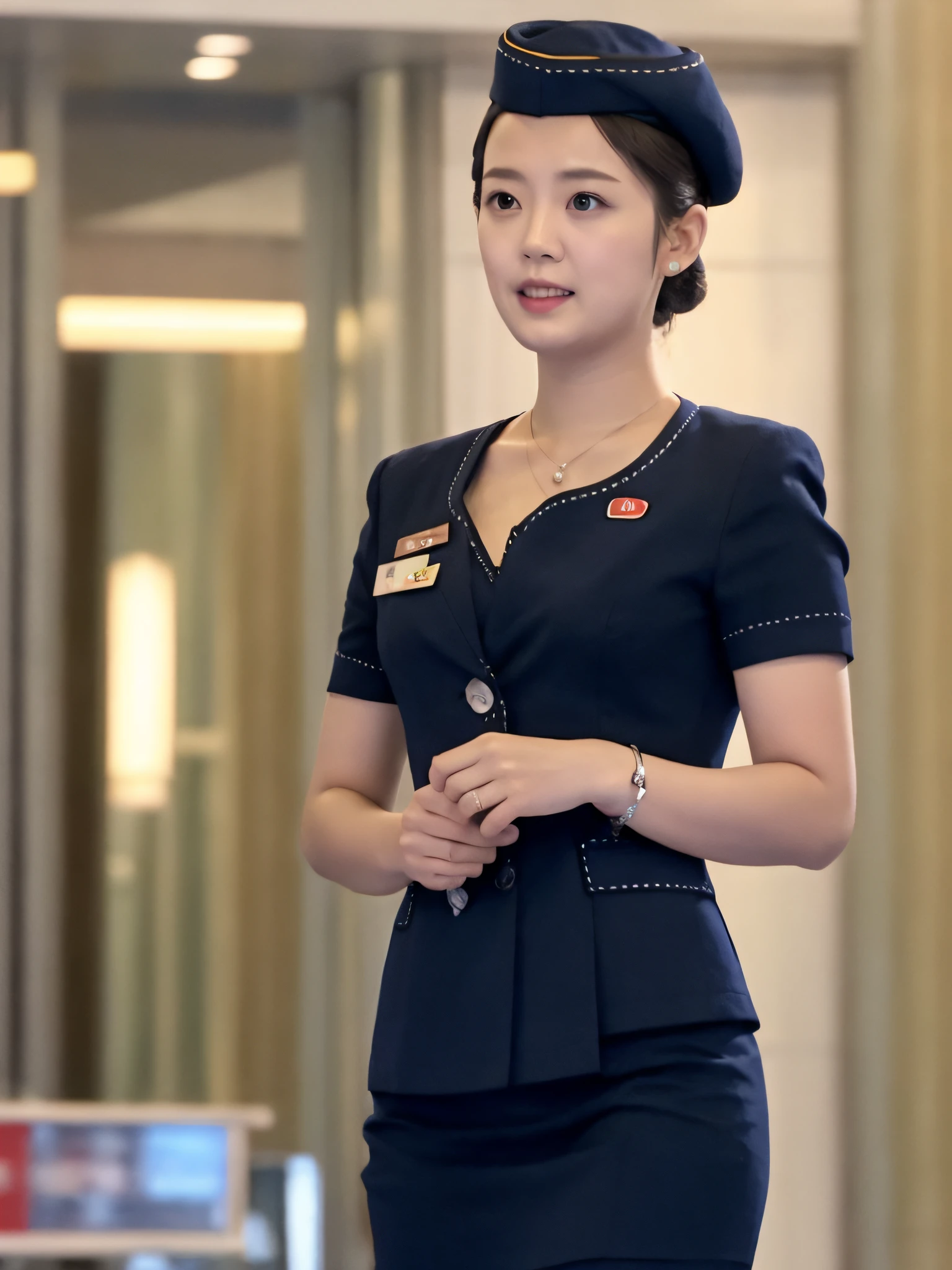 32k, raw photo, best quality, realistic, photorealistic:1.2, ultra detailed, BREAK,, 1girl:1.2, solo:1.4, full_body:1.2, cabin_crew, uniform, standing, in airport, clear and beautiful, Perfect face, Detailed eyes, Black hair, Huge breasts:1.6, Narrow waist, (hat, koryo_uniform, stewardess, blue_shirt, pencil_skirt), black pantyhose, realistic human skin, skin texture, looking at viewer, light on face, bokeh, (perfect body shape), (slim), realistic skin texture