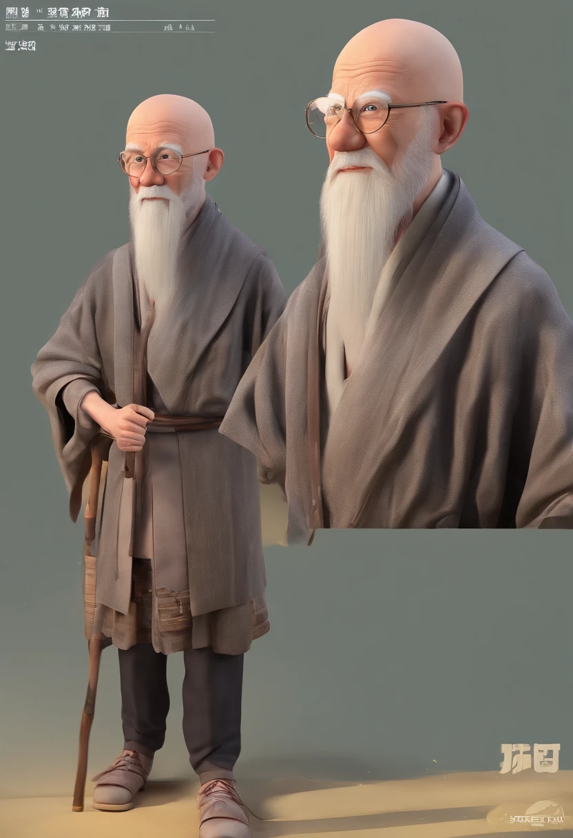 An old man with round-rimmed glasses, a white beard, bald head, a crutch in one hand, a picture scroll in the other, a gray Chinese tunic, and a wrinkled face
