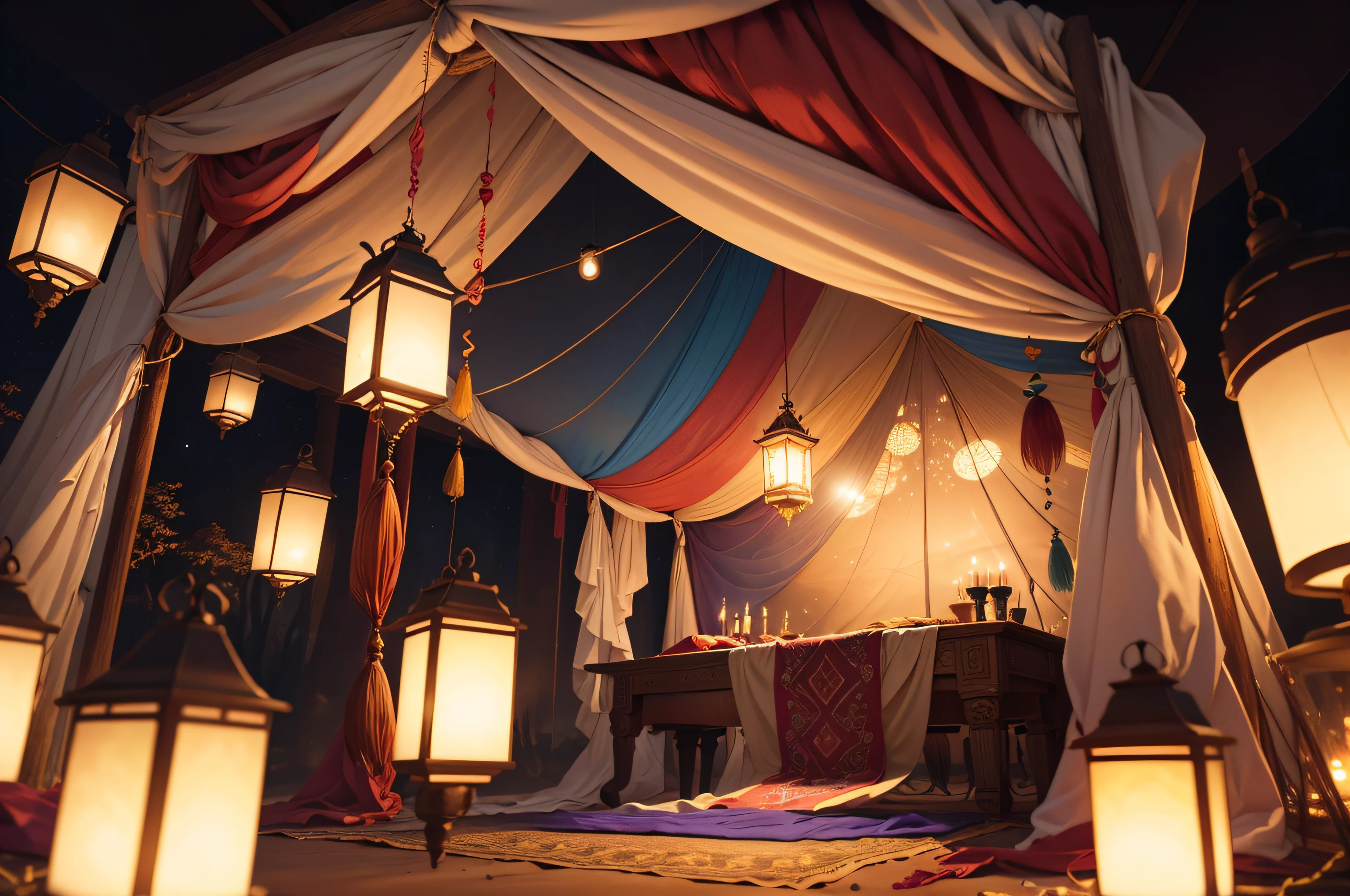 a tent made of colorful silk and exotic fabrics, lit by enchanted lanterns that float gently in the air.