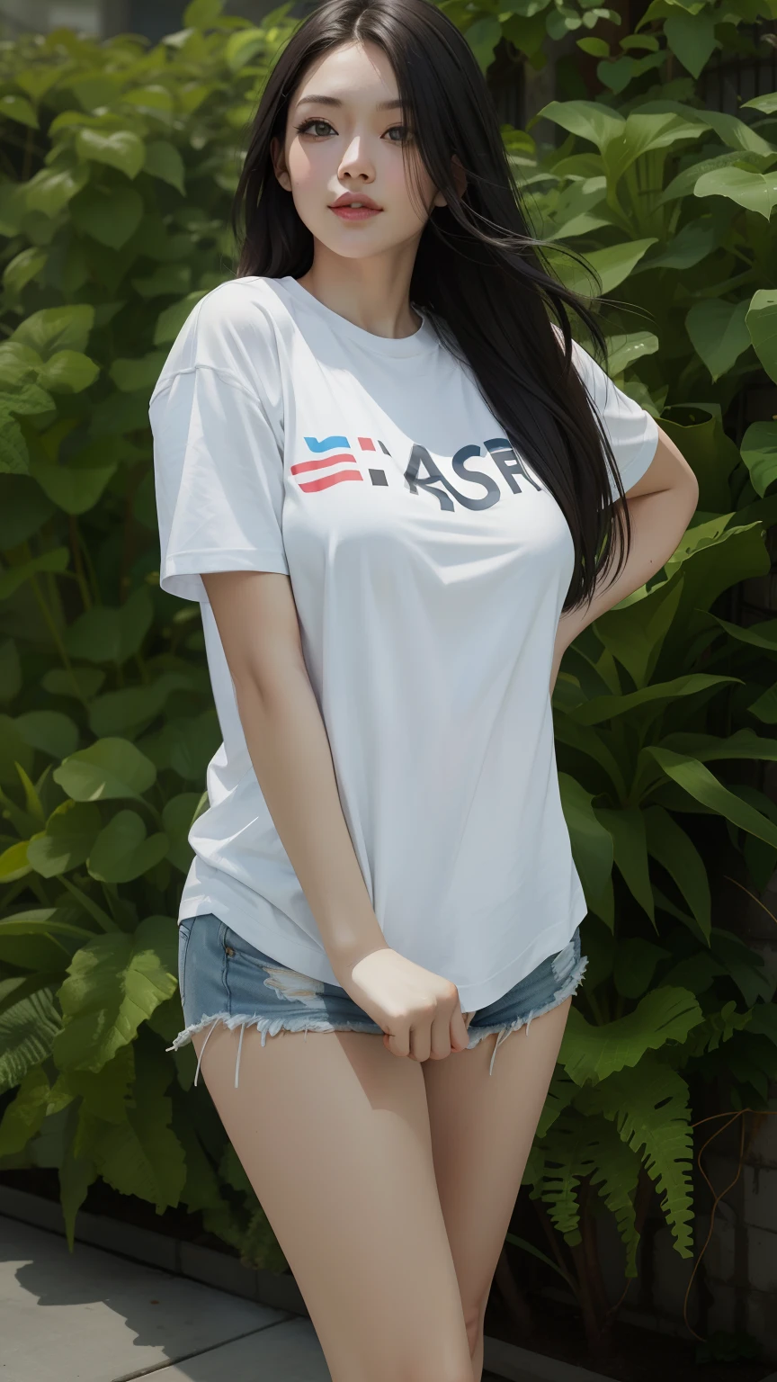 a close up of a woman in a white shirt and shorts, short sleeves, sport t-shirt, white t - shirt, white t-shirt, casual clothing, productphoto, woman model, white tshirt, casual clothes, smooth white tight clothes suit, official product photo, waist - shot, wearing in shirt, white trendy clothes, t - shirt, t-shirt, Best picture quality, masterpiece, ultra high resolution, 8k, cleavage, big boobs, bust detail, hair detail, eye detail, sharp eyes, thin smile, professional lighting