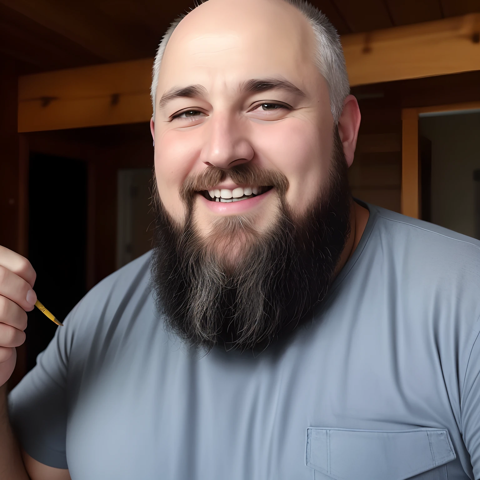 arafed man with a beard and a toothbrush in his hand, twitch streamer / gamer ludwig, holding a paintbrush in his hand, spaghetti beard, waxed beard, inspired by Brian 'Chippy' Dugan, a photo of a man, stocky, greg rutkowsk, paul barson, eric cartman in real life, high quality portrait, hyper realistic