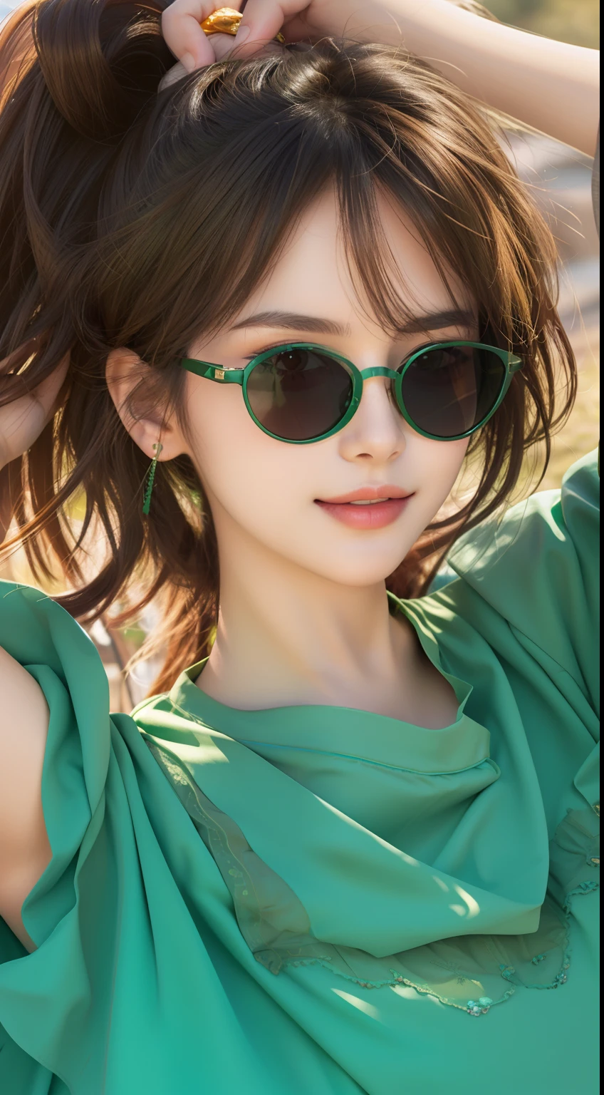 a close up of a woman with sunglasses on wearing a green dress, green shades, with sunglass, with sunglasses, ultra high quality model, cute round green slanted eyes, ulzzang, very beautiful cute catgirl, sun glasses, in sun glasses, profile pic, with glasses, light green tone beautiful face, wearing cool sunglasses, 8k)), beautiful shades, Best picture quality, masterpiece, ultra high resolution, 8k, cleavage, big boobs, bust detail, hair detail, eye detail, sharp eyes, thin smile, professional lighting