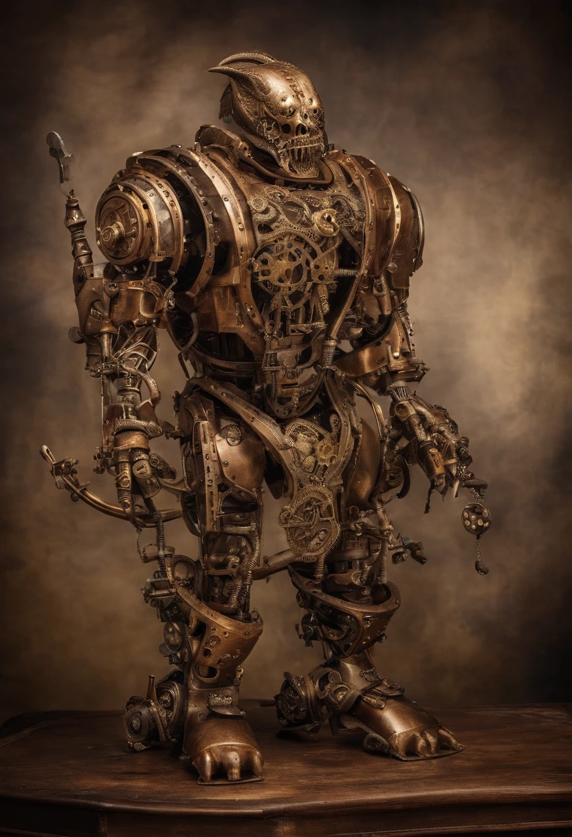 a humanoid steampunk robot, with the head in the shape of a skull, com uma lareire na barriga que queima constantemente, usa uma cartola , wears a suspender , uma crtola