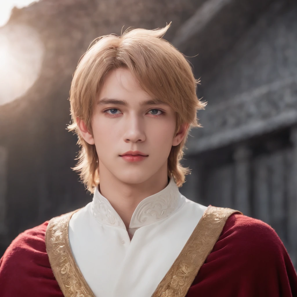 A 19 year old boy with a medium shoulder long spike deep blonde hair with bangs cover both ears, and part of both cheeks like minato or sasuke, white reddish skin looks like milk or dark night sky blue piercing eyes with strong striking gaze, mean expression yet still look pretty and innocent without single wrinkle, a little chubby cheek, pink lips, wearing long white and red elegant coat and cape suit with kingly look, seated on a white throne, Edward Robert Hughes art style, warm color grading, rear projection, light leaks, golden hour, long exposure, lens flare, close-up shot, extreme close-up, realistic style