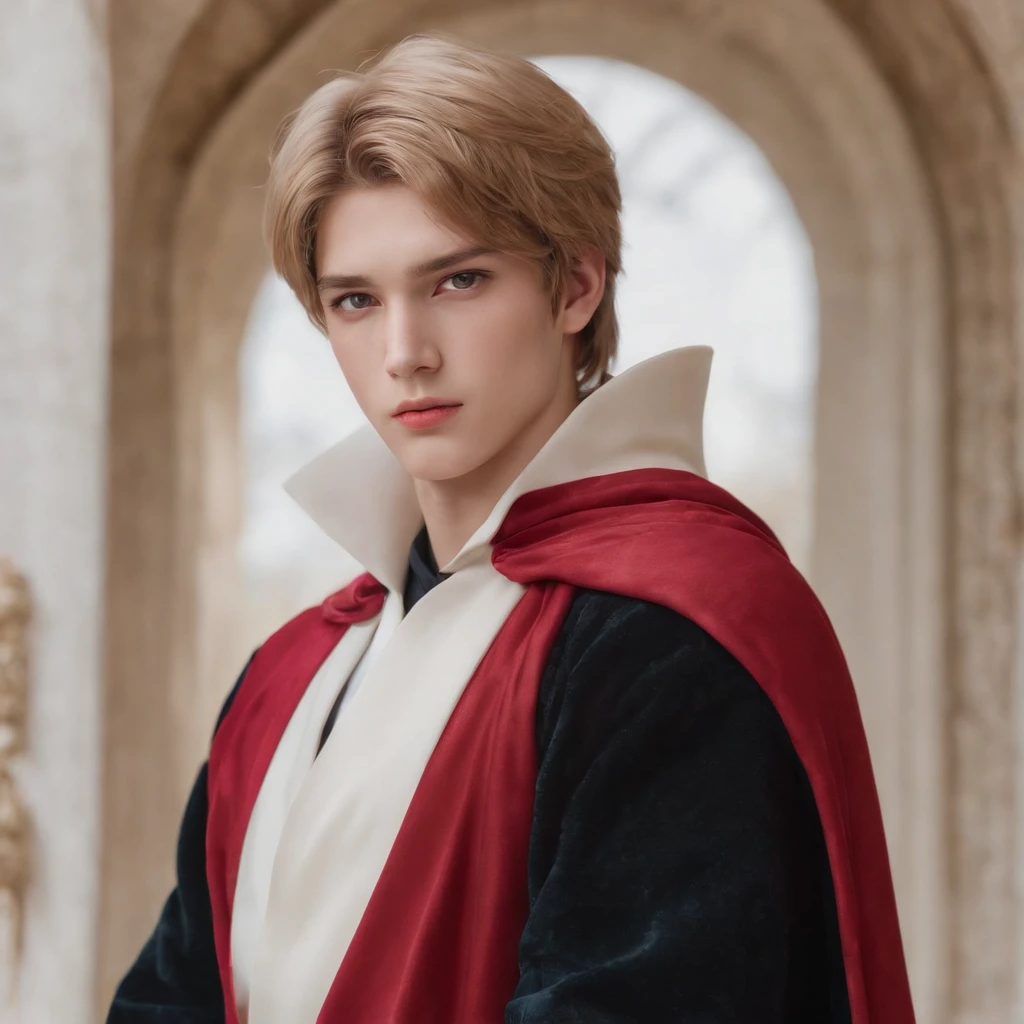 A 19 year old boy with a medium shoulder long spike deep blonde hair with bangs cover both ears, and part of both cheeks like minato or sasuke, white reddish skin looks like milk or dark night sky blue piercing eyes with strong striking gaze, mean expression yet still look pretty and innocent without single wrinkle, a little chubby cheek, pink lips, wearing long white and red elegant coat and cape suit with kingly look, seated on a white throne, Edward Robert Hughes art style, warm color grading, rear projection, light leaks, golden hour, long exposure, lens flare, close-up shot, extreme close-up, realistic style