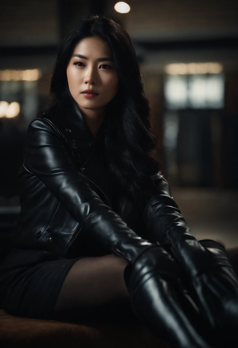 Black leather gloves Black Leather Riders Black hair long straight Black leather long boots Young japanese lady