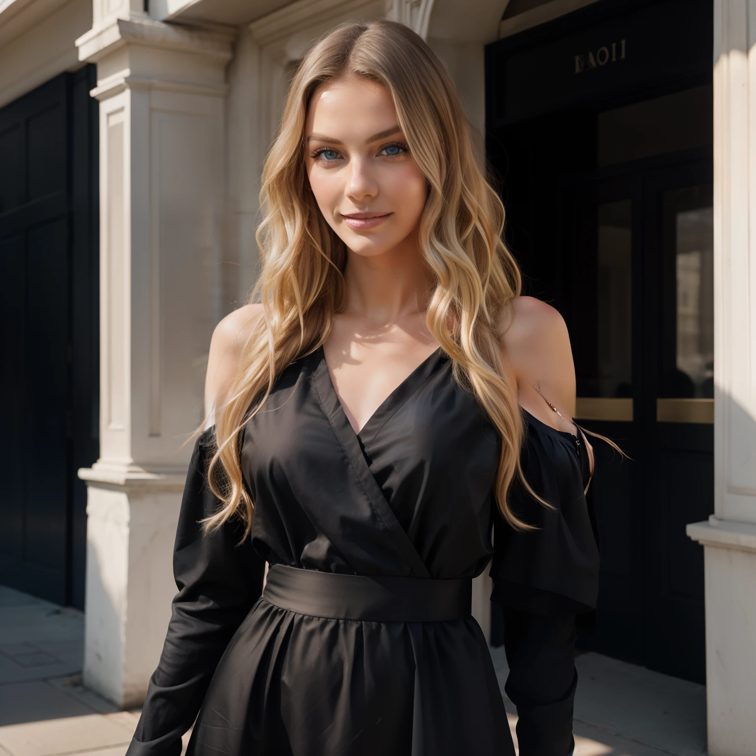 Photo of a European woman, raw, blue eyes, beautiful face, (Extra long wavy blonde hair), (finely detailed skin), pale skin, moist, wearing a black dress, out in the streets smiling in the day light, in front of a building, (masterpiece) (photorealistic), ultrarealistic (Best Quality) (Detailed) photographed in a Canon EOS R5, 50mm Lens, F/2.8, (8K) (Wallpaper) (Cinematic lighting) (Dramatic Lighting) (Convoluted) Fashion,
