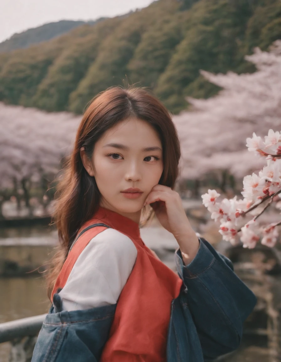travellers, in the style of rap aesthetics, girl, Tokyo, Japan, make for a memorable photo, The background is to theJapan's Mount Fuji and flying cherry blossoms，photo taken with fujifilm superia, charly amani, oversized portraits, babycore, upper body