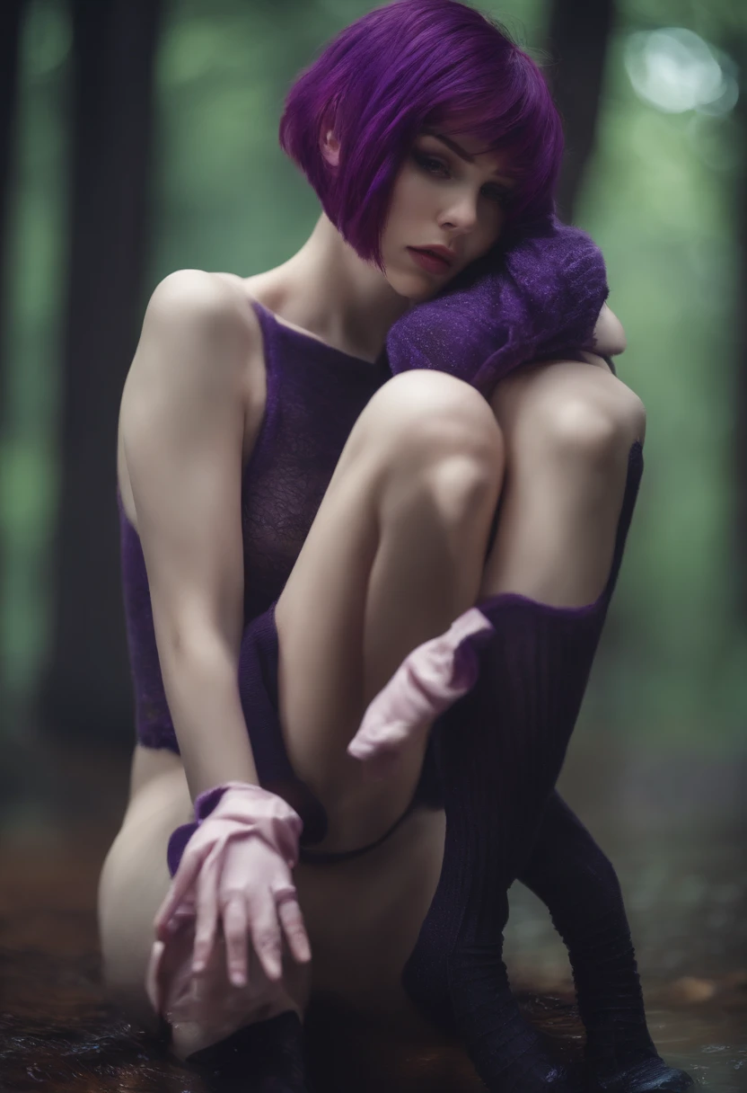 naked girl. . slim body. skinny body. thin body. this waist. cute. looking at viwer. wet skin. Pale skin. purple hair. short hair. long socks. long gloves,ass,naked,nfsw