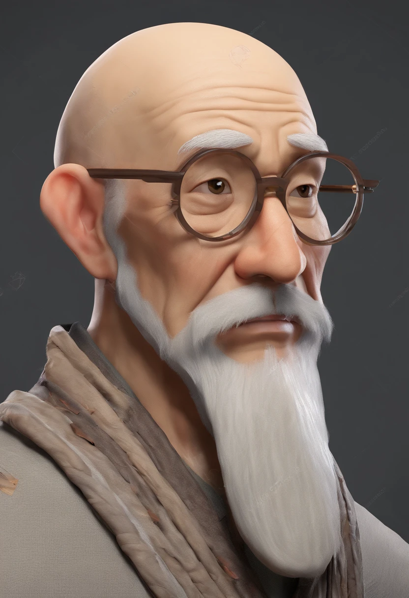 An old man with round-rimmed glasses, a white beard, bald head, a crutch in one hand, a picture scroll in the other, a gray Chinese tunic, and a wrinkled face